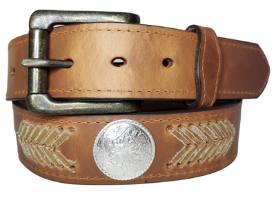 The Rawhide leather belt features Hand Laced Rawhide down the Center with Western design Conchos. Available in a 1 1/2" width. Full grain Distressed cowhide approx. 1/8"thick. Width 1 1/2" and includes Antique nickel buckle, Smooth burnished painted edges. Available at our Smyrna, TN shop just outside Nashville. Made in USA! 