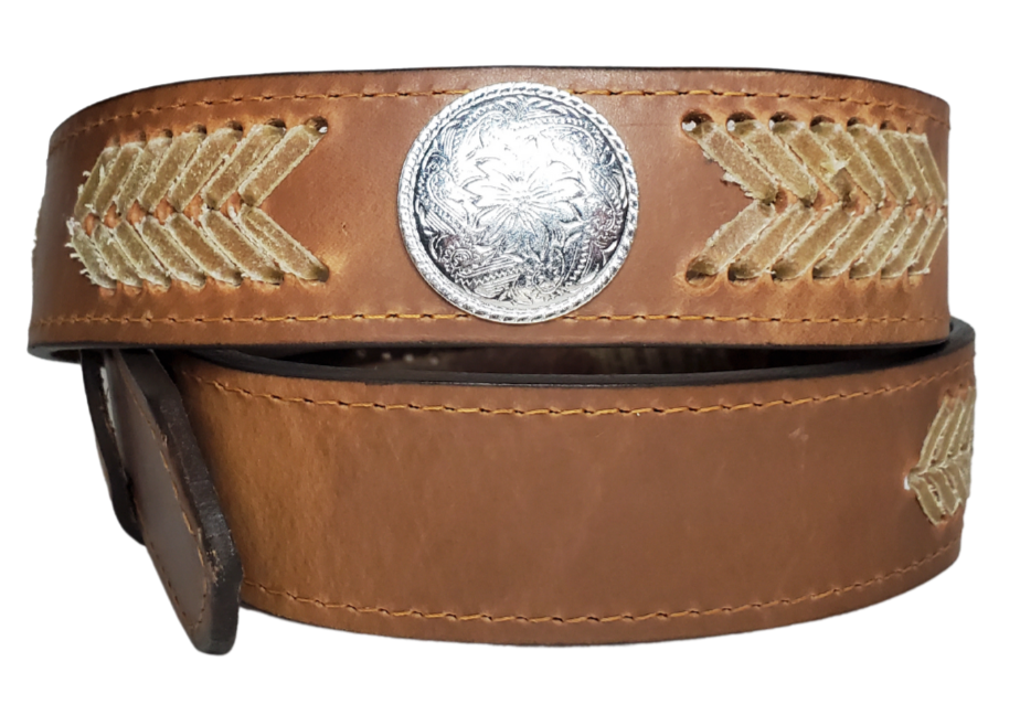 The Rawhide leather belt features Hand Laced Rawhide down the Center with Western design Conchos. Available in a 1 1/2" width. Full grain Distressed cowhide approx. 1/8"thick. Width 1 1/2" and includes Antique nickel buckle, Smooth burnished painted edges. Available at our Smyrna, TN shop just outside Nashville. Made in USA! 