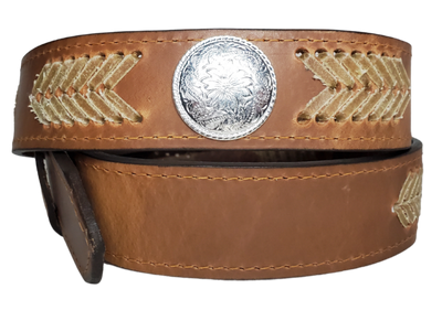 The Rawhide leather belt features Hand Laced Rawhide down the Center with Western design Conchos. Available in a 1 1/2" width. Full grain Distressed cowhide approx. 1/8"thick. Width 1 1/2" and includes Antique nickel buckle, Smooth burnished painted edges. Available at our Smyrna, TN shop just outside Nashville. Made in USA! 