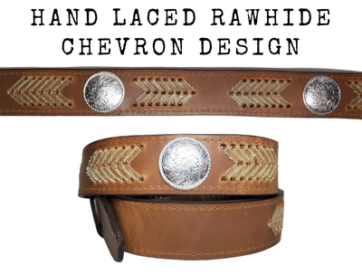The Rawhide leather belt features Hand Laced Rawhide down the Center with Western design Conchos. Available in a 1 1/2" width. Full grain Distressed cowhide approx. 1/8"thick. Width 1 1/2" and includes Antique nickel buckle, Smooth burnished painted edges. Available at our Smyrna, TN shop just outside Nashville. Made in USA! 