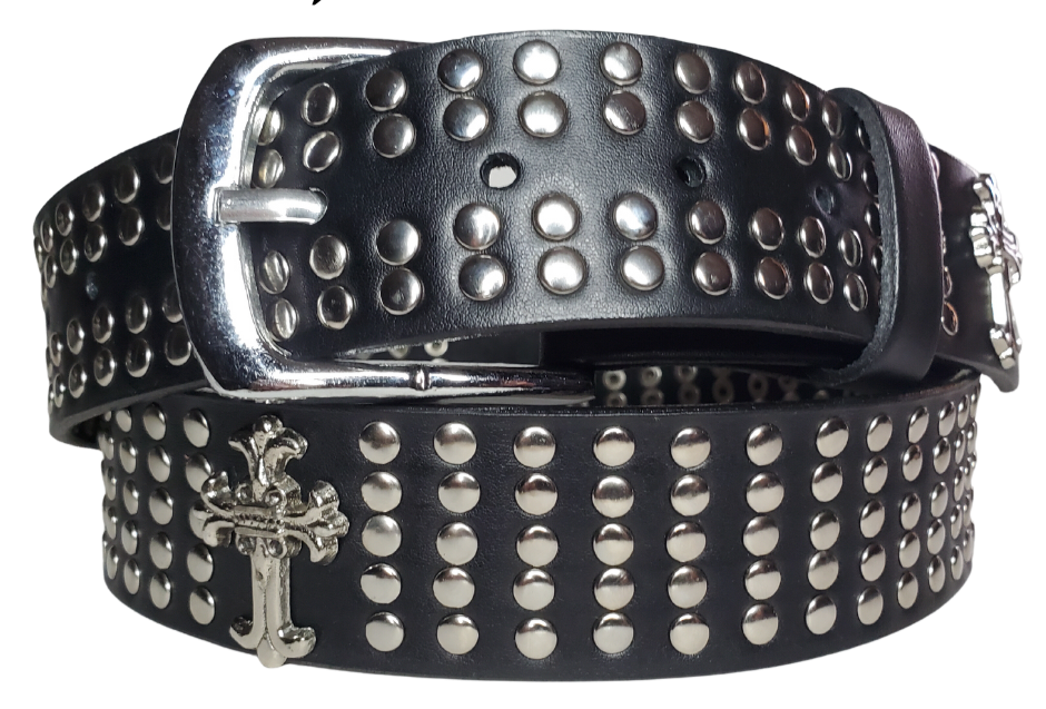 Hit the stage or a night on the town with this all-over Studded Leather belt with Crosses every few inches for the length of the belt. Looks great with your favorite jeans and your vintage "GnR" T-shirt and your favorite boots. The width is 1 1/2" wide with snaps for easy buckle change. Sold in our Smyrna, TN store. Imported - Sized M thru 2X 