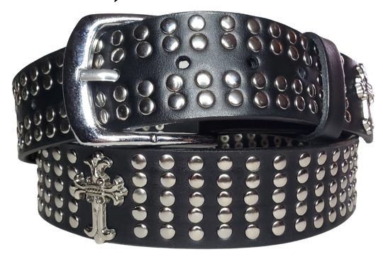 Hit the stage or a night on the town with this all-over Studded Leather belt with Crosses every few inches for the length of the belt. Looks great with your favorite jeans and your vintage "GnR" T-shirt and your favorite boots. The width is 1 1/2" wide with snaps for easy buckle change. Sold in our Smyrna, TN store. Imported - Sized M thru 2X 
