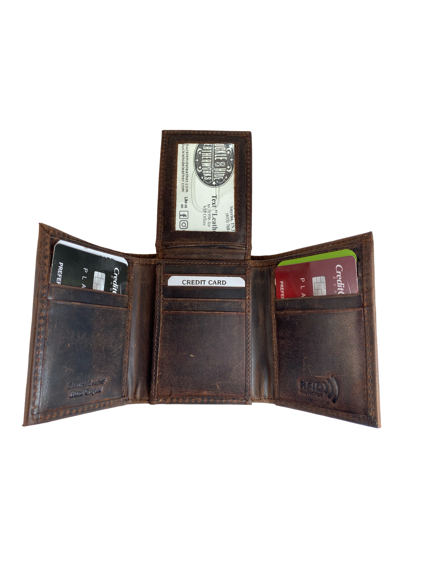 RFID protected trifold in popular Distressed Brown with 12 card slots and DOUBLE I.D. flap PLUS divided cash pockets. Though it is imported it is a great value that's Buckle and Hide approved. You even personalize it with 3 initials, adds a few days extra for shipping. inside view