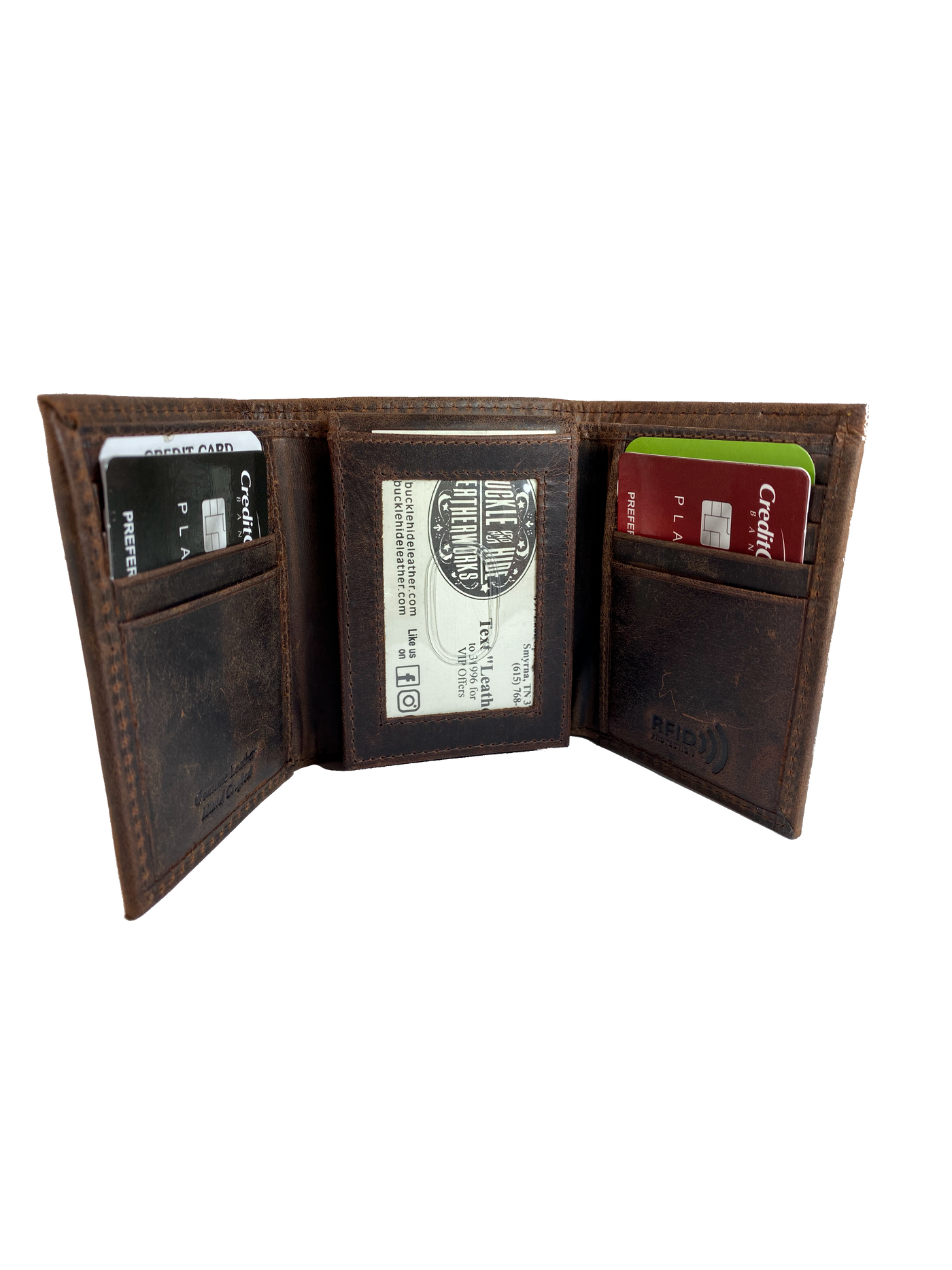 RFID protected trifold in popular Distressed Brown with 12 card slots and DOUBLE I.D. flap PLUS divided cash pockets. Though it is imported it is a great value that's Buckle and Hide approved. You even personalize it with 3 initials, adds a few days extra for shipping.