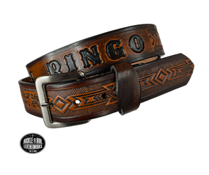 Embossed with a  timeless Arizona style Southwest design. Good enuff for any Huckleberry! Full grain American vegetable tanned cowhide approx. 1/8"thick. Width 1 1/2" and includes Antique Nickle plated Solid Brass buckle Hand Finished in 3 color options Smooth hand burnished painted edges Choose with or without name, if without name, design will cover entire length of belt For name Type name desired on belt in "Type Name Here" section, no more than 8 letters maximum  Made in our Smyrna, TN, USA shop