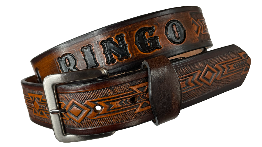 Embossed with a timeless Arizona style Southwest design. Good enuff for any Huckleberry! Full grain American vegetable tanned cowhide approx. 1/8"thick.Width 1 1/2" and includes Antique Nickle plated Solid Brass buckle. Hand Finished in 3 color options. Smooth hand burnished painted edges. Buckle snaps in place for easy changing if desired. Made in our Smyrna, TN, USA shop.