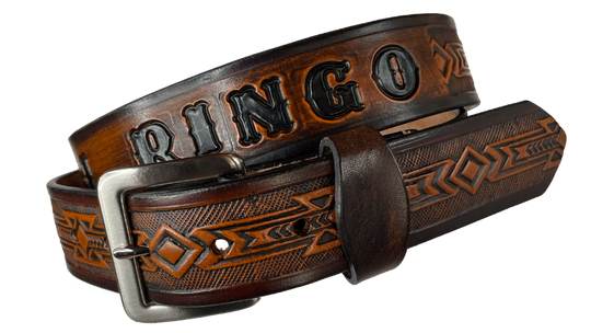 Embossed with a timeless Arizona style Southwest design. Good enuff for any Huckleberry! Full grain American vegetable tanned cowhide approx. 1/8"thick.Width 1 1/2" and includes Antique Nickle plated Solid Brass buckle. Hand Finished in 3 color options. Smooth hand burnished painted edges. Buckle snaps in place for easy changing if desired. Made in our Smyrna, TN, USA shop.