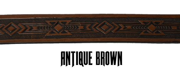 Embossed with a  timeless Arizona style Southwest design. Good enuff for any Huckleberry! Full grain American vegetable tanned cowhide approx. 1/8"thick. Width 1 1/2" and includes Antique Nickle plated Solid Brass buckle Hand Finished in 3 color options Smooth hand burnished painted edges Choose with or without name, if without name, design will cover entire length of belt For name Type name desired on belt in "Type Name Here" section, no more than 8 letters maximum  Made in our Smyrna, TN, USA shop