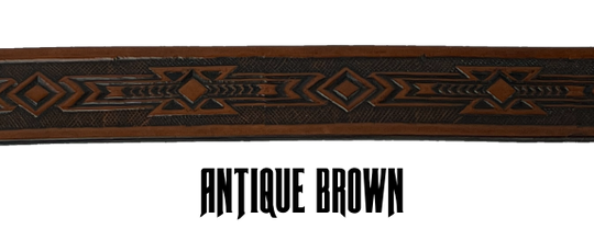 Embossed with a  timeless Arizona style Southwest design. Good enuff for any Huckleberry! Full grain American vegetable tanned cowhide approx. 1/8"thick. Width 1 1/2" and includes Antique Nickle plated Solid Brass buckle Hand Finished in 3 color options Smooth hand burnished painted edges Choose with or without name, if without name, design will cover entire length of belt For name Type name desired on belt in "Type Name Here" section, no more than 8 letters maximum  Made in our Smyrna, TN, USA shop