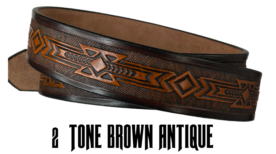 Embossed with a timeless Arizona style Southwest design. Good enuff for any Huckleberry! Full grain American vegetable tanned cowhide approx. 1/8"thick.Width 1 1/2" and includes Antique Nickle plated Solid Brass buckle. Hand Finished in 3 color options. Smooth hand burnished painted edges. Buckle snaps in place for easy changing if desired. Made in our Smyrna, TN, USA shop.