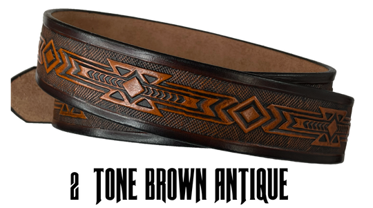 Embossed with a timeless Arizona style Southwest design. Good enuff for any Huckleberry! Full grain American vegetable tanned cowhide approx. 1/8"thick.Width 1 1/2" and includes Antique Nickle plated Solid Brass buckle. Hand Finished in 3 color options. Smooth hand burnished painted edges. Buckle snaps in place for easy changing if desired. Made in our Smyrna, TN, USA shop.