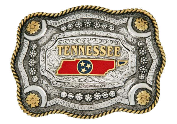 Two Tone Rope Edge Tennessee Belt Buckle Made in Mexico Dimensions 3 1/4" tall by 4 1/4" wide Fits Belts up to 1 3/4" wide Available online and in our shop in Smyrna, TN, just outside of Nashville