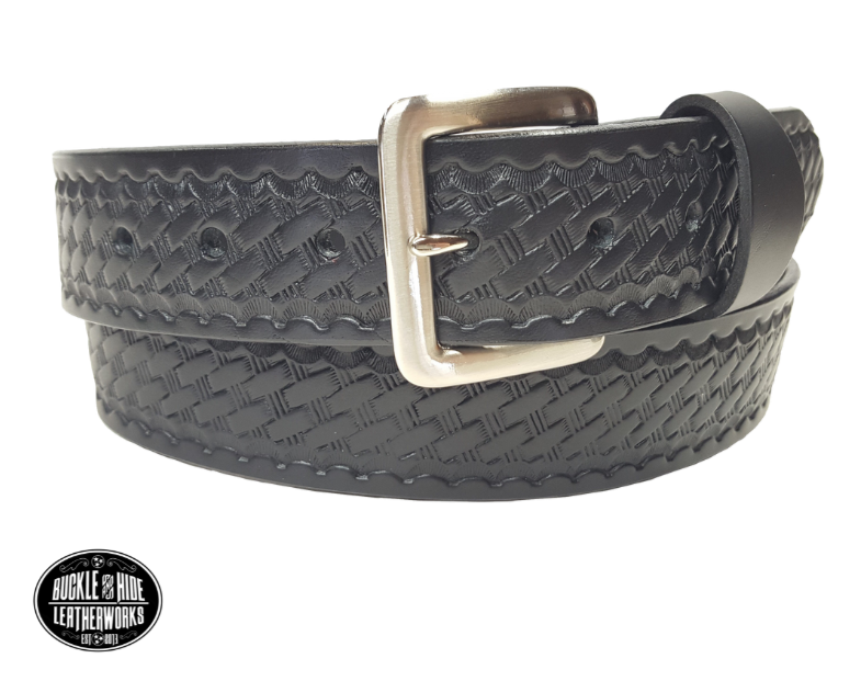 This handmade, real leather belt is made from Veg-Tan shoulder cow leather.  It is 9-10 oz. or approximately 1/8" thick and is 1 1/2" wide. It has smoothed and finished edges and basket weave design is embossed on surface.  Choose from 5 color options. The antique nickel plated solid brass buckle snaps in place. Made in our shop just outside Nashville in Smyrna, TN. 