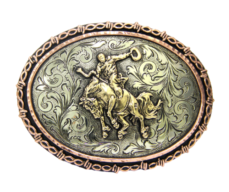 The Roughstock buckle has a classic oval shape with a Western scroll design, and a  barbwire edge framing a Bronc Rider. This buckle is made from German Silver (nickel and brass alloy) or iron metal base.  Finally each piece is covered with a heat sealed lacquer to ensure the piece's long lasting qualities. Buckle size is Width 4.5” Height 3.5” a little bigger than some of our other buckles that is available in our Smyrna, TN shop.