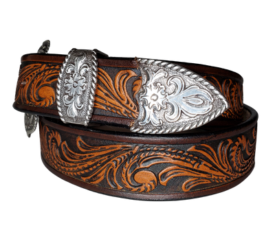 The "Rustler" design is one of our best sellers. But we've added a Classic Western 3 piece buckle set in Antique Nickel that looks great on plain 1 1/2" Black or Brown belt. An easy to wear shape that's not too big, measures approx. 3 7/8" wide by 2 1/2" tall. Belt is made from a single strip of leather in our shop in Smyrna, TN. Buckle is Imported. Available in our shop just outside Nashville in Smyrna, TN as well as online.