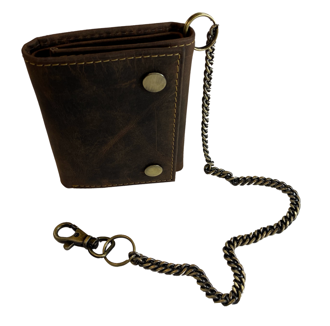 Popular Distressed brown Tri-fold Chain Wallet. 2 cash slots, 4 card slots, I.D. slot, zippered pocket for all your stash. Will darken with a nice patina with use. It&