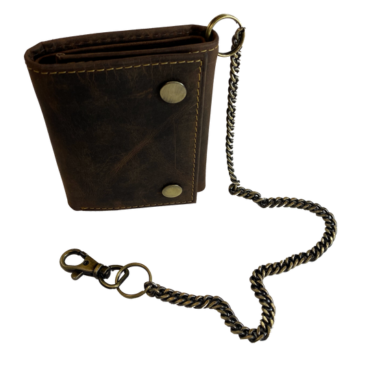 Popular Distressed brown Tri-fold Chain Wallet. 2 cash slots, 4 card slots, I.D. slot, zippered pocket for all your stash. Will darken with a nice patina with use. It&