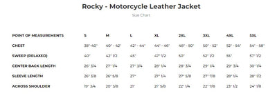Whet Blu Rocky Motorcycle Jacket size chart