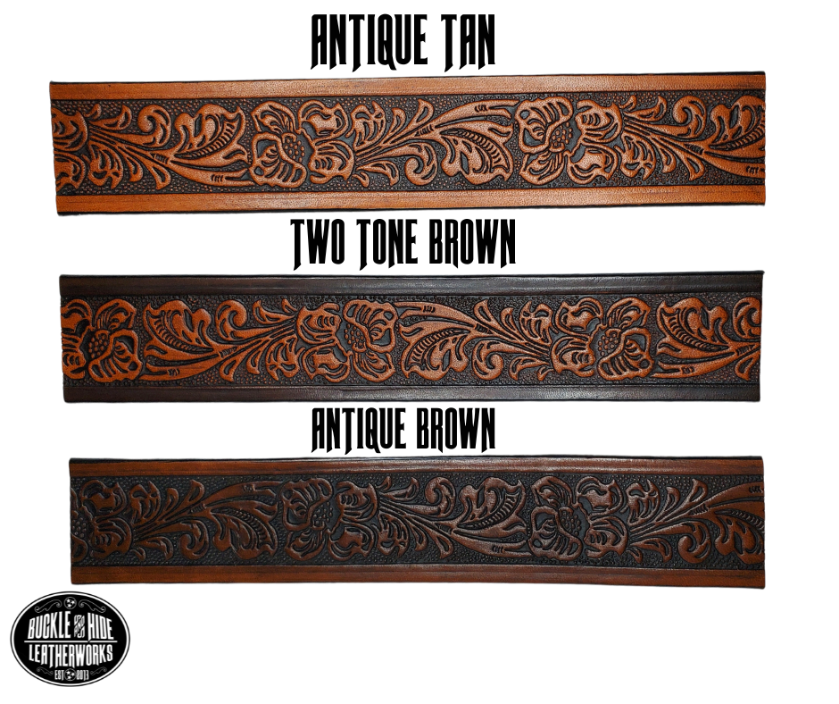 Vegetable tanned cowhide approx. 1/8"thick. Width 1 1/2" and includes Antique Nickle plated Solid Brass buckle Hand dyed BACKGROUND and finished in a TRI TONE FINISH, a multistep process which is where the DELUXE name comes from. Smooth hand burnished painted edges Choose with or without name, if without name, design will cover entire length of belt For name Type name desired on belt in "Type Name Here" section, no more than 8 letters maximum  Made in our Smyrna, TN, USA shop