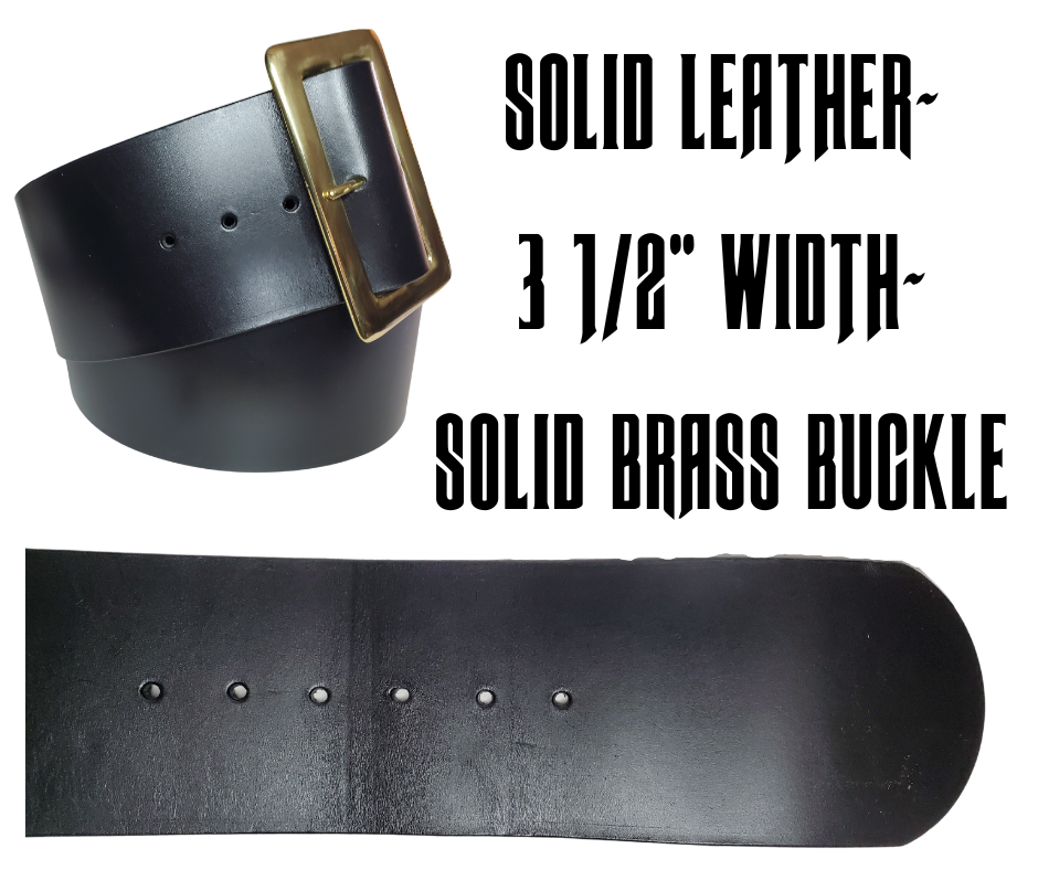 This high-quality SOLID LEATHER Santa Clause Leather Belt is sure to bring a Authentic look to your suit.  Crafted with a Solid brass buckle, that is 3 1/2" wide for the perfect look to take your suit to the next level.  This all Santa leather belt is made in our Smyrna, TN shop from solid Cowhide Leather approx. 1/8" thick with a slight glossy look and a riveted solid brass buckle. Due to availability please try to order prior to October.