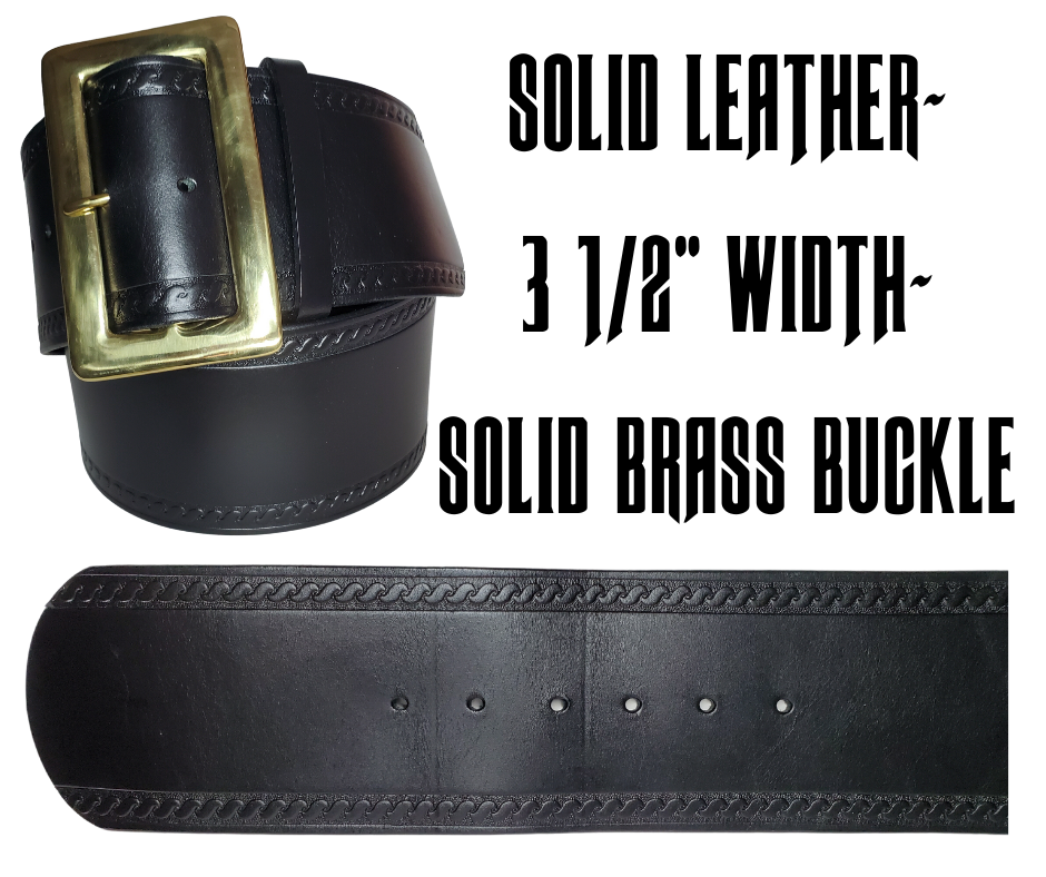 This high-quality SOLID LEATHER Santa Clause Embossed Leather Belt is sure to bring a Authentic look to your suit.  Crafted with a Embossed border design and a Solid brass buckle, that is 3 1/2" wide for the perfect look to take your suit to the next level.  This all Santa leather belt is made in our Smyrna, TN shop from solid Cowhide Leather approx. 1/8" thick with a slight glossy look and a riveted solid brass buckle. Due to availability please try to order prior to October.