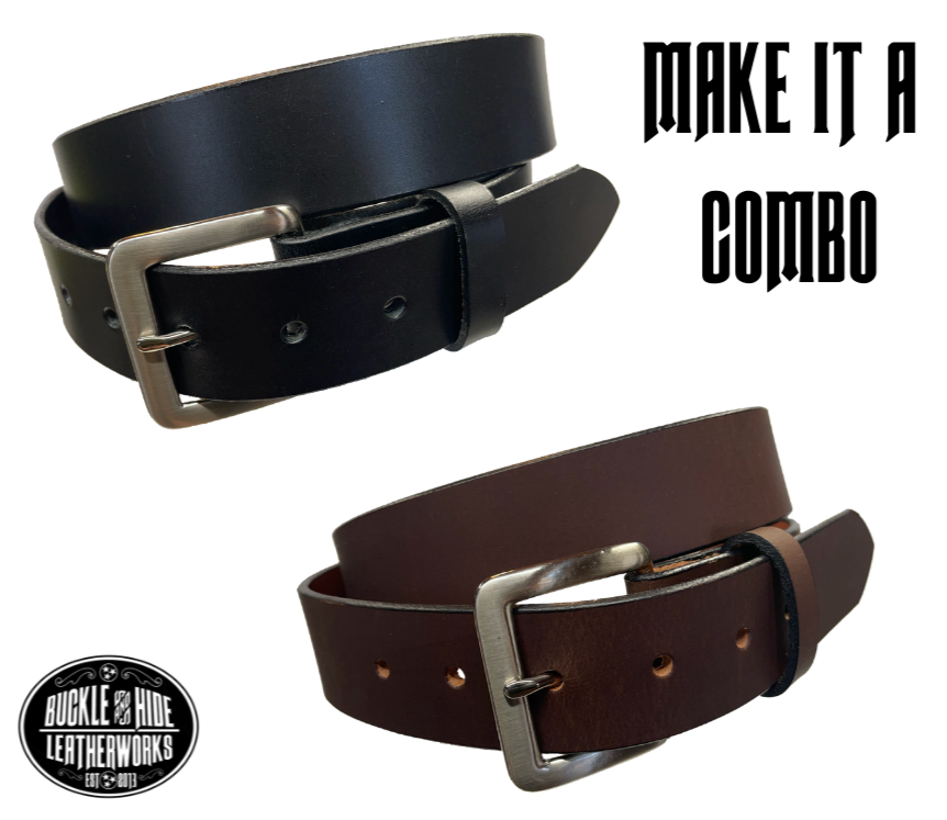 This handmade, real leather belt starts with a drum dyed (colored all the way through)  8-9oz leather belt strip that's just under and eighth of an inch thick and comes with an Antique Silver colored buckle that is snapped in for easy removal.   It is handmade in our Smyrna, TN shop, which is located just outside of Nashville.  This full grain leather has a classic semi-gloss finish that looks great dressed up or down.  It is 1 1/2" wide and available in sizes 34" to 44".