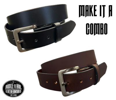 This handmade, real leather belt starts with a drum dyed (colored all the way through)  8-9oz leather belt strip that's just under and eighth of an inch thick and comes with an Antique Silver colored buckle that is snapped in for easy removal.   It is handmade in our Smyrna, TN shop, which is located just outside of Nashville.  This full grain leather has a classic semi-gloss finish that looks great dressed up or down.  It is 1 1/2" wide and available in sizes 34" to 44".