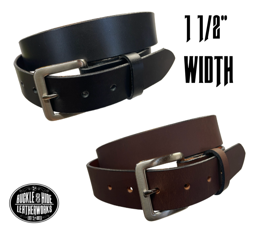 This handmade, real leather belt starts with a drum dyed (colored all the way through)  8-9oz leather belt strip that's just under and eighth of an inch thick and comes with an Antique Silver colored buckle that is snapped in for easy removal.   It is handmade in our Smyrna, TN shop, which is located just outside of Nashville.  This full grain leather has a classic semi-gloss finish that looks great dressed up or down.  It is 1 1/2" wide and available in sizes 34" to 44".