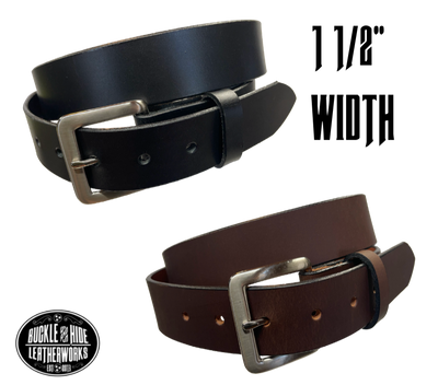 This handmade, real leather belt starts with a drum dyed (colored all the way through)  8-9oz leather belt strip that's just under and eighth of an inch thick and comes with an Antique Silver colored buckle that is snapped in for easy removal.   It is handmade in our Smyrna, TN shop, which is located just outside of Nashville.  This full grain leather has a classic semi-gloss finish that looks great dressed up or down.  It is 1 1/2" wide and available in sizes 34" to 44".