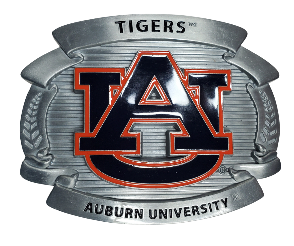 Fully cast metal buckle that features expertly enameled details. Blue and Orange enameled "Auburn" logo with text that reads "Tigers" and "Auburn University. Available online or at our shop just outside Nashville in Smyrna, TN. 