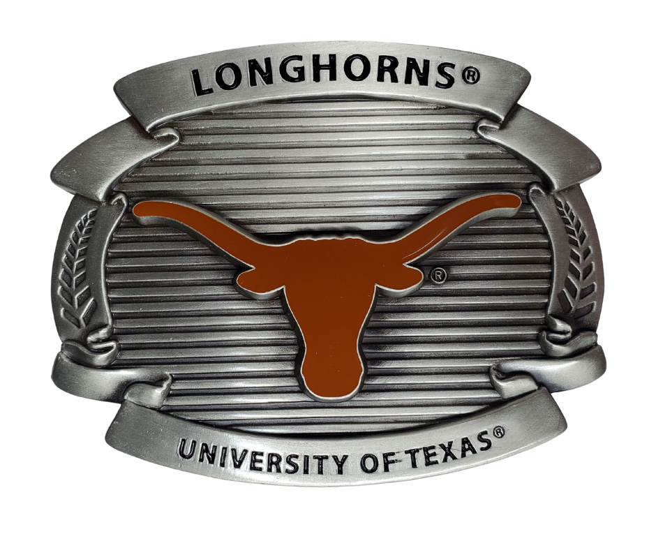 Fully cast metal buckle that features expertly enameled details. Enameled "Longhorn" logo with text that reads "Longhorns" and "University of Texas". Available online or at our shop just outside Nashville in Smyrna, TN. 