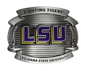 Fully cast metal buckle that features expertly enameled details. Purple, White and Yellow enameled "LSU" logo with text that reads "Fighting Tigers" and "Louisiana State University". Available online or at our shop just outside Nashville in Smyrna, TN.