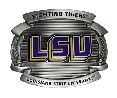 Fully cast metal buckle that features expertly enameled details. Purple, White and Yellow enameled "LSU" logo with text that reads "Fighting Tigers" and "Louisiana State University". Available online or at our shop just outside Nashville in Smyrna, TN.