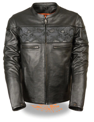 This heavy cowhide black leather motorcycle riding jacket has band of reflective skulls around the upper torso. It comes in sizes small through 5x and is available for purchase in our shop in Smyrna, TN, just outside Nashville.  It has multiple zippered pockets and vents and a zip out liner. It has a tab collar and zippered front closure.  It also has snaps and zippers at the wrists.