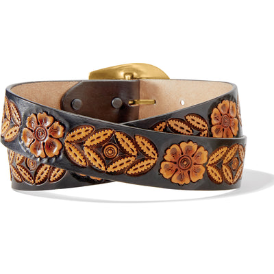 Named for our Western belt designer’s daughter, this two-tone vegetable leather belt with high-low texture in the 70's influenced embossed detailing and colors finished one by one by our artisans in LA makes a great jean belt. It's 1 1/2" wide and includes snaps for easy buckle change. The buckle is a center bar style made of brass, A classy retro look for anyone! A steal at this price!! Made in USA by Brighton for Tony Lama. Available at our Smyrna, TN shop.