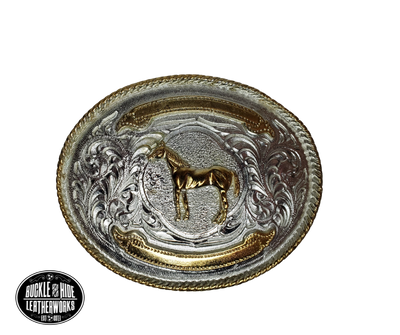 For the Budget minded Horse lover. It's 3" x 4" size will fit up to a 1 1/2" belt strap. It's plated nickel and gold tone looks just like a real Trophy buckles that all Rodeo stars win. Imported from Mexico.
