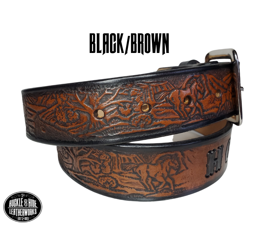 "The Stallion" is a handmade real leather belt made from a single strip of cowhide shoulder leather that is 8-10 oz. or approx. 1/8" thick. It has hand burnished (smoothed) edges and a Wild Horse scene embossed pattern down the center. This belt is completely HAND dyed with a multi step finishing technic. The antique nickel plated solid brass buckle is snapped in place with heavy snaps.  This belt is made just outside Nashville in Smyrna, TN.