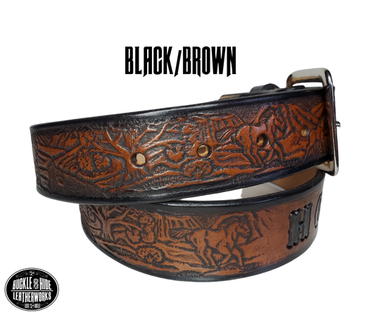 "The Stallion" is a handmade real leather belt made from a single strip of cowhide shoulder leather that is 8-10 oz. or approx. 1/8" thick. It has hand burnished (smoothed) edges and a Wild Horse scene embossed pattern down the center. This belt is completely HAND dyed with a multi step finishing technic. The antique nickel plated solid brass buckle is snapped in place with heavy snaps.  This belt is made just outside Nashville in Smyrna, TN.