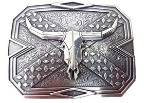 Nocona Western buckle with longhorn steer design Dimensions 2 3/4" tall by 3 3/4" wide Great for accentuating the Western look of your wardrobe Available online and in our shop in Smyrna, TN, just outside of Nashville