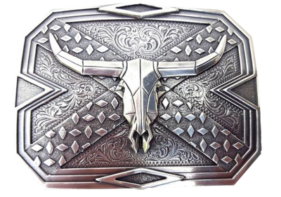 Nocona Western buckle with longhorn steer design Dimensions 2 3/4" tall by 3 3/4" wide Great for accentuating the Western look of your wardrobe Available online and in our shop in Smyrna, TN, just outside of Nashville