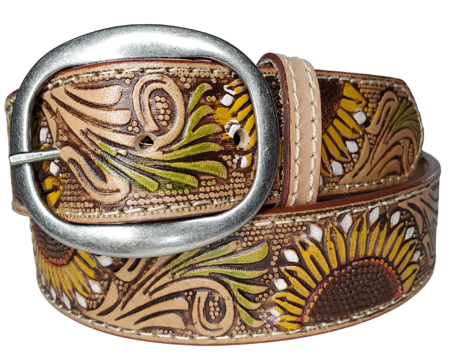 "The Sunspot" is 1 1/2" wide Ladies Belt is the perfect statement piece. Crafted with natural colored leather and edge stitching, featuring a colorful sunflower and an antiqued buckle, that may be unsnapped and easily changed. It's an elegant addition to any outfit.  Available online or for purchase at our shop just outside Nashville in Smyrna, TN.
