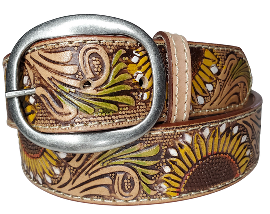 "The Sunspot" is 1 1/2" wide Ladies Belt is the perfect statement piece. Crafted with natural colored leather and edge stitching, featuring a colorful sunflower and an antiqued buckle, that may be unsnapped and easily changed. It's an elegant addition to any outfit.  Available online or for purchase at our shop just outside Nashville in Smyrna, TN.