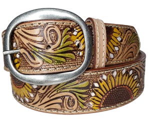 "The Sunspot" is 1 1/2" wide Ladies Belt is the perfect statement piece. Crafted with natural colored leather and edge stitching, featuring a colorful sunflower and an antiqued buckle, that may be unsnapped and easily changed. It's an elegant addition to any outfit.  Available online or for purchase at our shop just outside Nashville in Smyrna, TN.