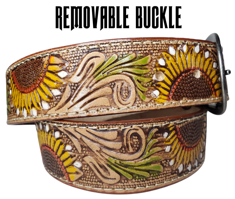 "The Sunspot" is 1 1/2" wide Ladies Belt is the perfect statement piece. Crafted with natural colored leather and edge stitching, featuring a colorful sunflower and an antiqued buckle, that may be unsnapped and easily changed. It's an elegant addition to any outfit.  Available online or for purchase at our shop just outside Nashville in Smyrna, TN.