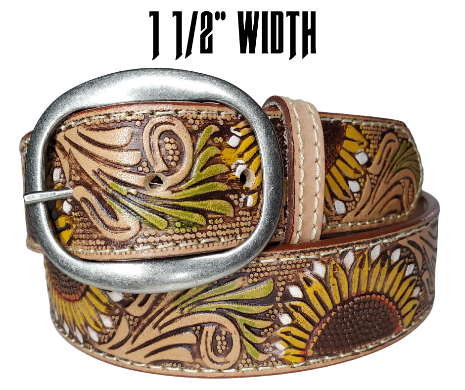 "The Sunspot" is 1 1/2" wide Ladies Belt is the perfect statement piece. Crafted with natural colored leather and edge stitching, featuring a colorful sunflower and an antiqued buckle, that may be unsnapped and easily changed. It's an elegant addition to any outfit.  Available online or for purchase at our shop just outside Nashville in Smyrna, TN.