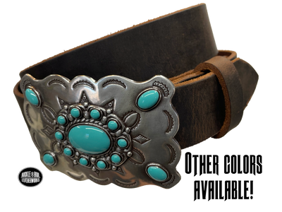 Southwestern style belt buckle with Southwestern tooling, scalloped design around edges, and simulated turquoise stones, approx. size 3 1/2" wide by 2 1/2" tall.  Color is antique silver, buckle is made of zinc. Fits belts 1 1/2" wide. Belt is handmade from a single strip of leather, choose from either distressed brown, black, or dark brown. CHOOSE ONE BELT STRIP COLOR! Available online and in our shop just outside Nashville in Smyrna, TN. Main photo.