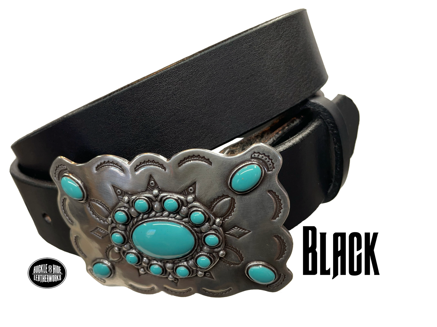 Southwestern style belt buckle with Southwestern tooling, scalloped design around edges, and simulated turquoise stones, approx. size 3 1/2" wide by 2 1/2" tall.  Color is antique silver, buckle is made of zinc. Fits belts 1 1/2" wide. Belt is handmade from a single strip of leather, choose from either distressed brown, black, or dark brown. CHOOSE ONE BELT STRIP COLOR! Available online and in our shop just outside Nashville in Smyrna, TN. Black belt.
