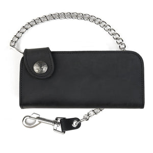 With cards now for almost everything, this chain wallet delivers. This chain wallet has 3 sections that are like the traditional chain wallet that has been around for many years, with extra slots for the many cards that seem to multiply!  3 cash pockets and I.D. slot 9 credit card slots  Basic 12" Chain included Made in USA Choose Black  Dimensions folded 3 1/2" x 7" open 7" x 7"