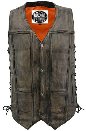 Distressed brown premium cowhide leather riding vest with v-neck and snap front closure. It has side laces and lower front side pockets. It has 6 inside front pockets including conceal carry pockets on either side. The back is a solid panel.  Available in our shop in Smyrna, TN, just outside Nashville in sizes small to 5x