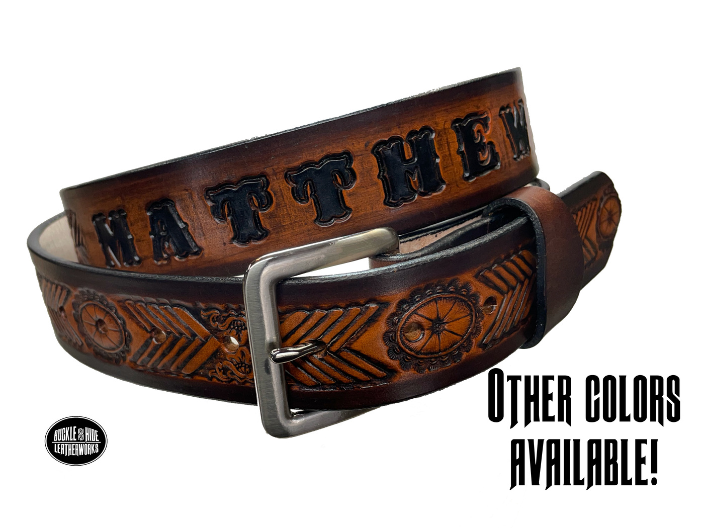 Full grain American vegetable tanned cowhide approx. 1/8"thick. Width 1 1/2" and includes Antique Nickle plated Solid Brass buckle Hand Finished in 3 color options Smooth burnished painted edges Choose with or without name, if without name, design will cover entire length of belt For name Type name desired on belt in "Type Name Here" section, no more than 8 letters maximum Buckle snaps in place for easy changing if desired Made in our Smyrna, TN, USA shop